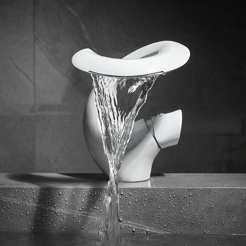 Wasserhahn Bad Wasserfall Waschtischarmatur Messing Einhebel Mischbatterie Waschbecken Armatur, Badarmatur Waschtischbatterie Badezimmer, Weiß