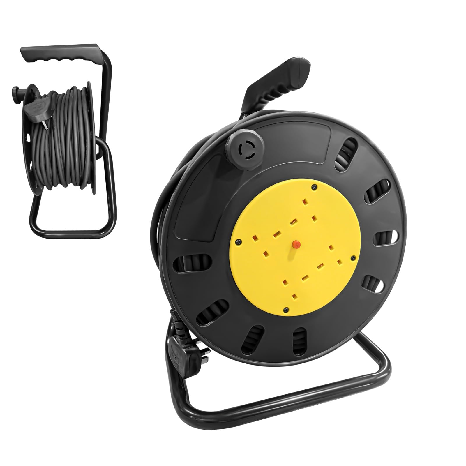 25m Heavy Duty Cable Reel Extension Lead, 4 Socket Outdoor Reel with Thermal Cut Out & 13A Fused Plug, Portable Reel for Garden, Workshop & DIY