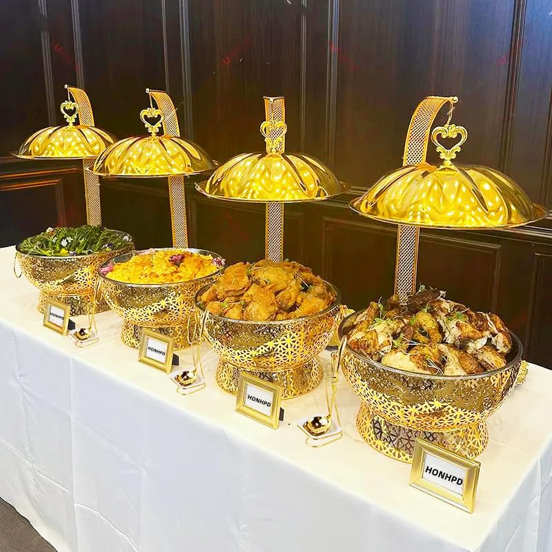 HONHPD Gold Round Chafing Dishes for Buffet - 4 Pack, 8 Quart Stainless Steel Chafer Buffet Servers and Warmers Set, with Hanging Cover for Weddings, Parties, Banquets, and Catering Eventst