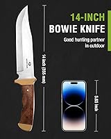 Vista 3 de Mossy Oak Cuchillo Bowie de 14 pulgadas, hoja fija de espiga completa, cuchillo de caza con mango de madera con funda de cuero para campamento
