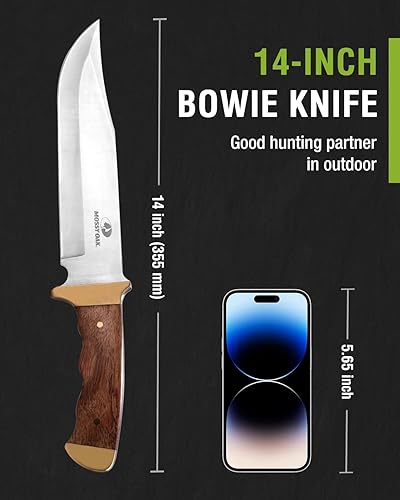 Miniatura 3 de Mossy Oak Cuchillo Bowie de 14 pulgadas, hoja fija de espiga completa, cuchillo de caza con mango de madera con funda de cuero para campamento
