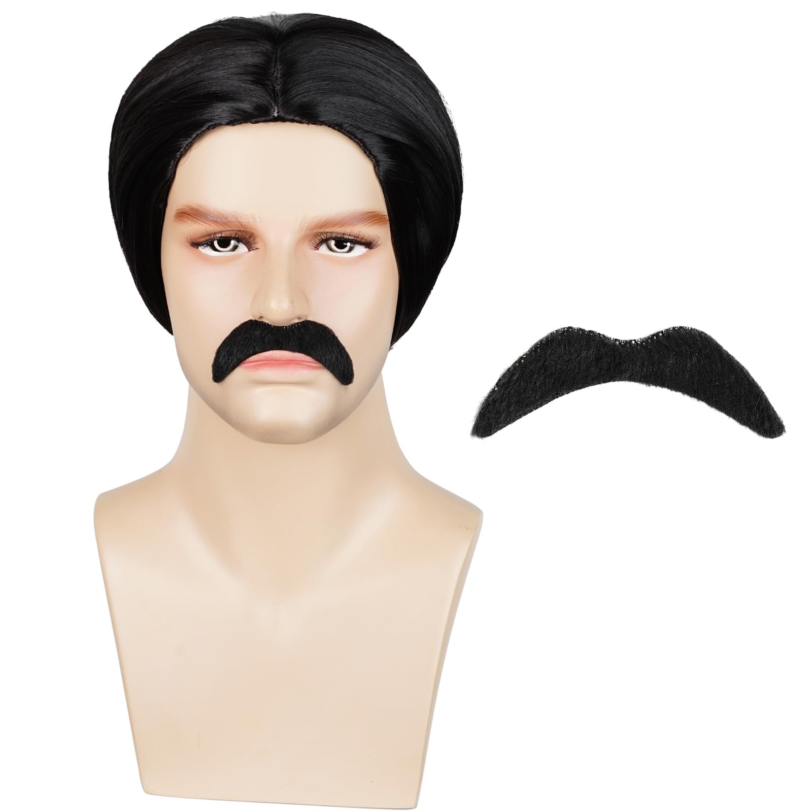 Probeauty Mens Short Black Wig with Mustache, Men Straight Cosplay Wigs for Halloween Costume Party with Wig Cap