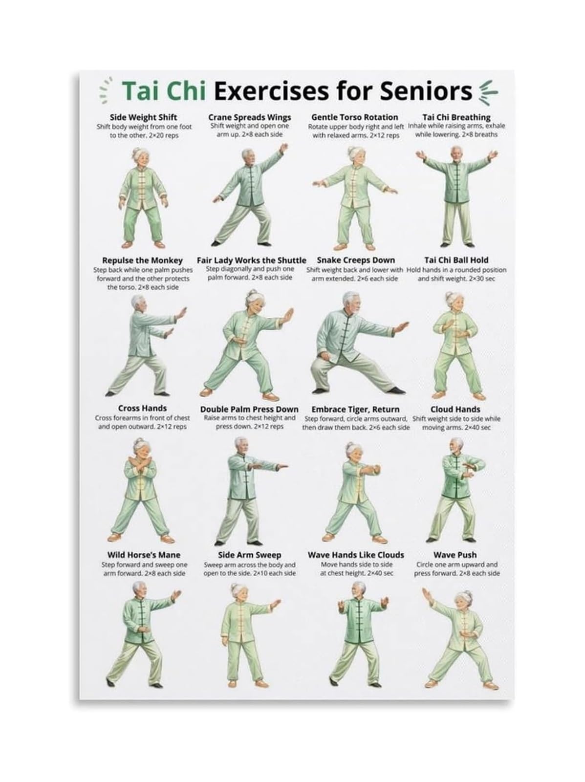 QMKADFQXF Tai Chi for Seniors Poster Step by Step Tai Chi Exercises Wall-Art for Home Senior Center Daily Gentle Workout and Relaxation(Framed,16X24inch(40X60cm))