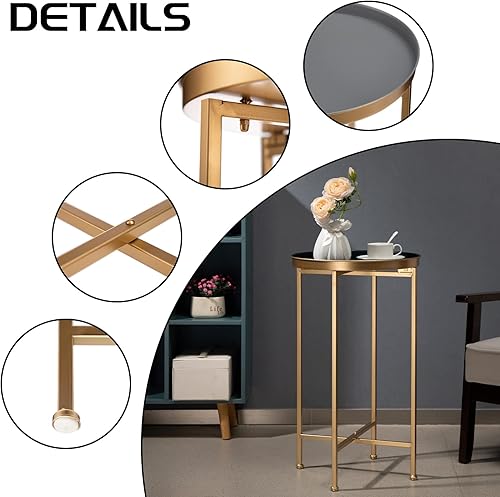 Miniatura 6 de HollyHOME Mesa auxiliar pequeña redonda de metal impermeable, mesa auxiliar de café para interiores y exteriores, mesa de sofá para sala de estar,