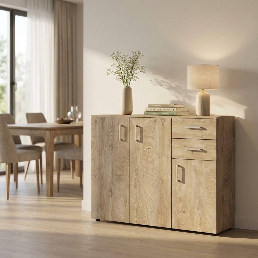 milani home - madia credenza moderna 2 cassetti e 3 ante, rovere chiaro, 106 x 36 x 83 cm