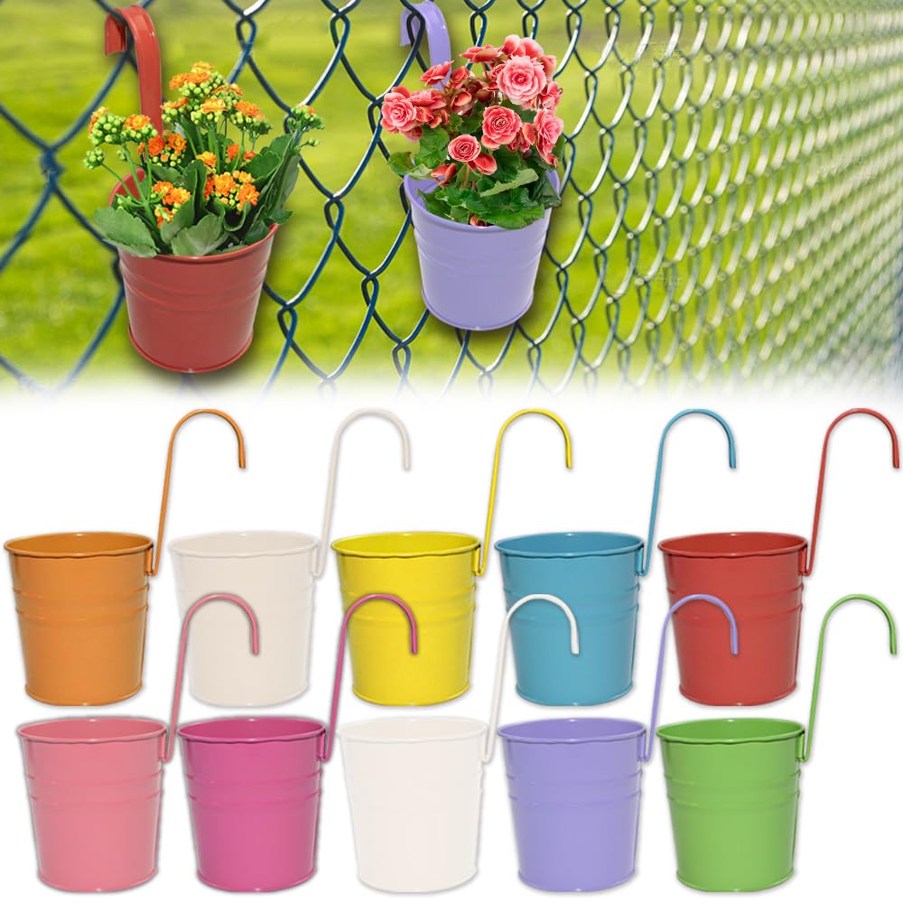 Armo® 10 x Hanging Flower Plant Pots Large Metal Flower Pot With Vase Fence Hanging Garden Planter With Drainage Hole — view 6