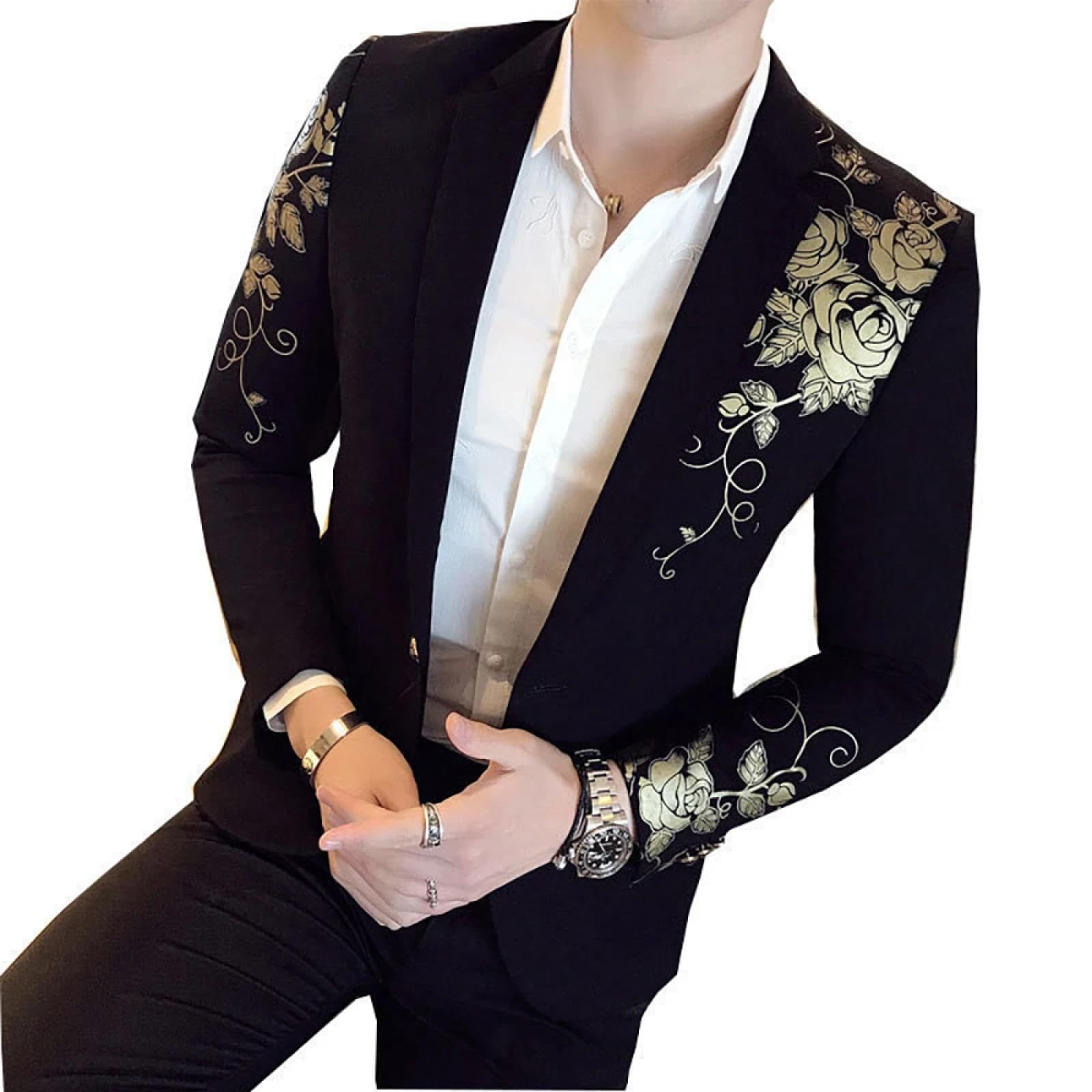 FULUJIDI Suit Jackets Blazers Gold Print Blazer Slim Fit Men Blazer Party Wedding Dress Male Black Suit Jacket