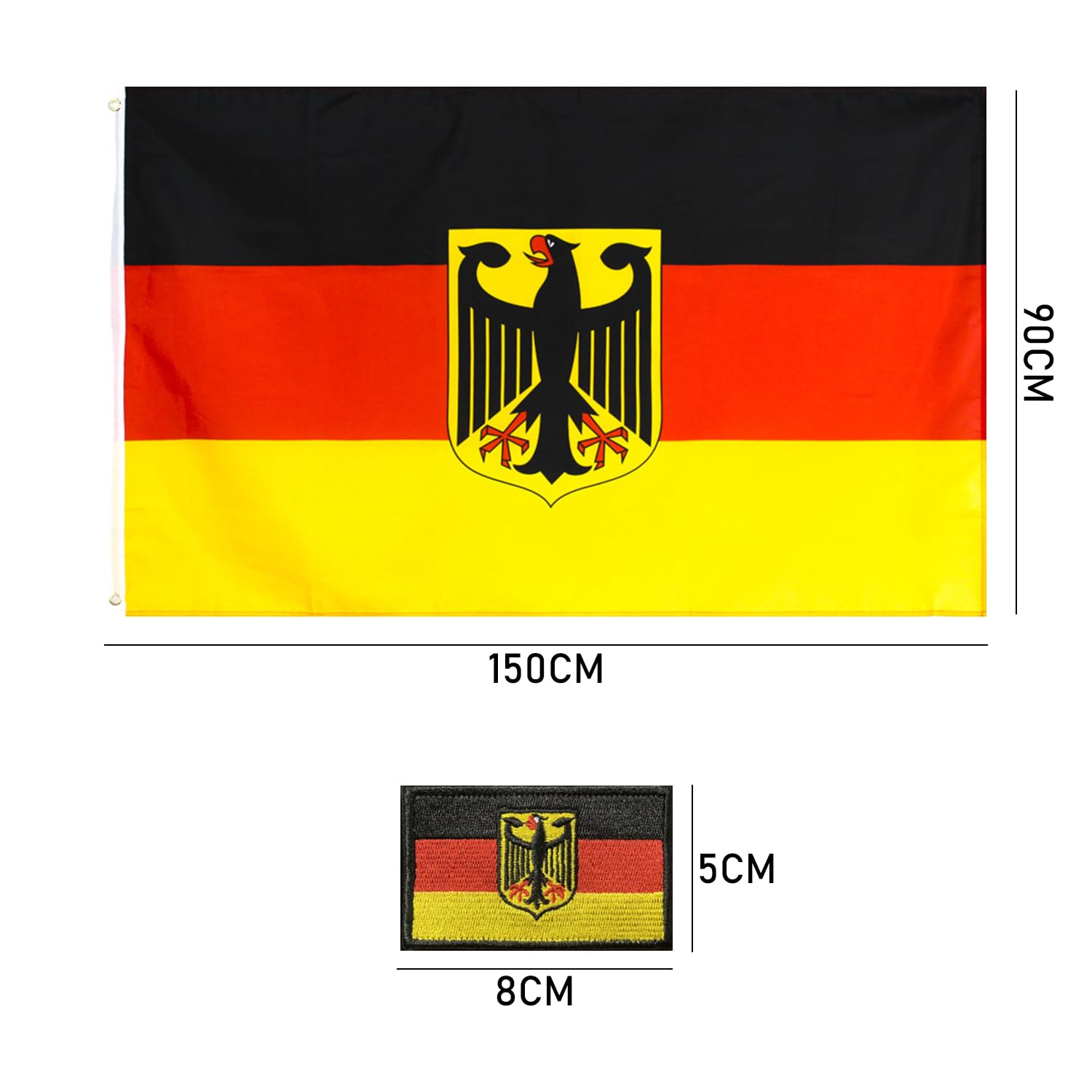 SLEEKEE 1 Drapeau Aigle Allemand Avec Œillets En Métal, 1 Patch En Tissu, Drapeau En Polyester Avec Bords Cousus, Adapté Pour Les Fêtes, Activités De Plein Air (90x150cm), Noir, Blanc, Rouge