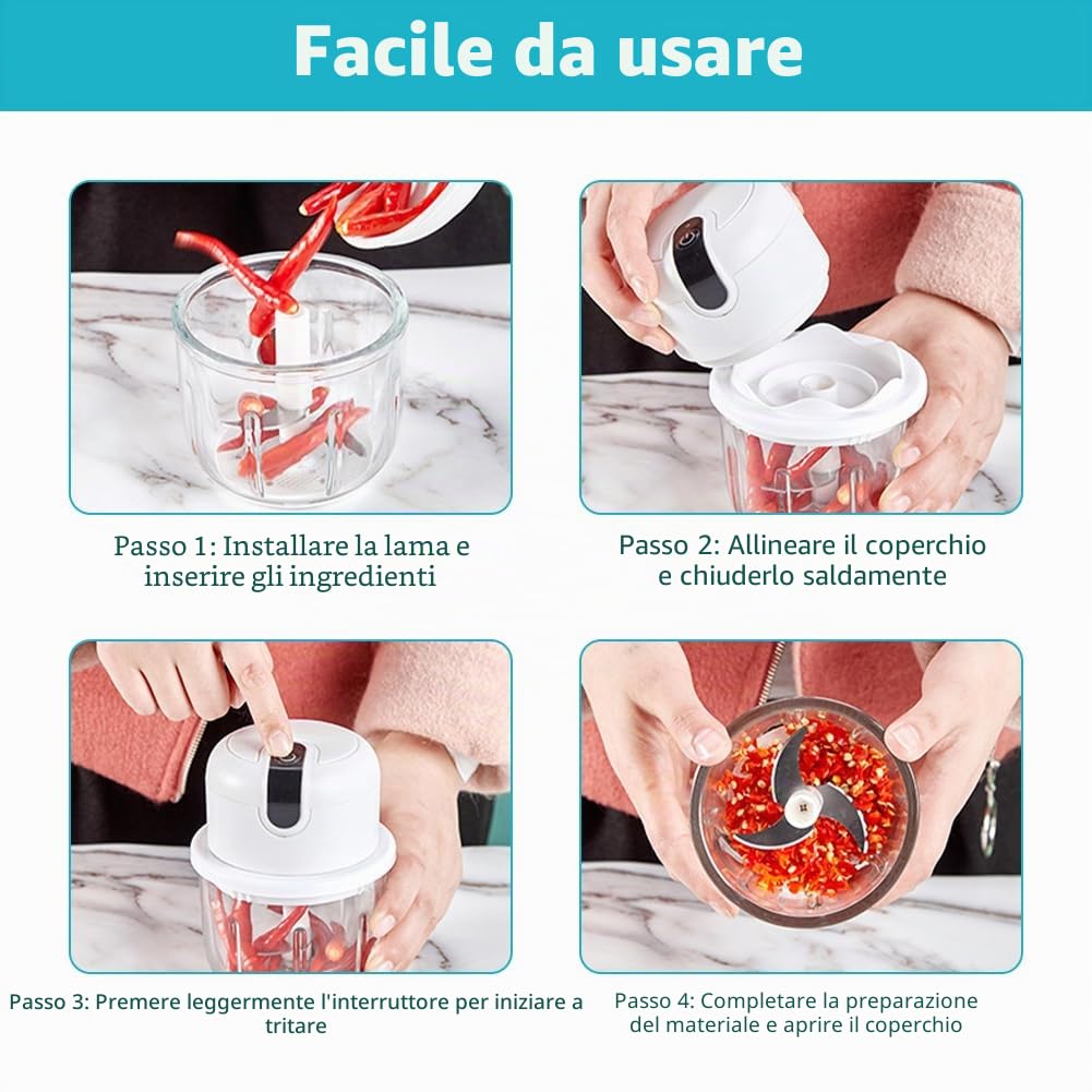 CEWROM Tritatutto elettrico da cucina, 350 ml, tritatutto elettrico, tritatutto per carne, cipolle, aglio