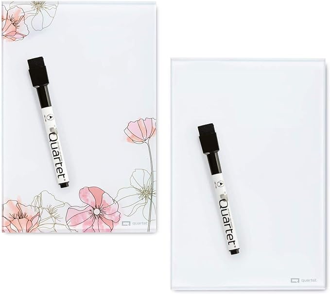 Quartet Glass Desktop Notepad, 9" x 6", Whiteboard, Dry Erase Surface, Floral/White