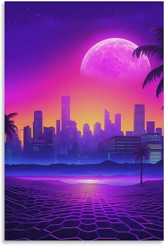 Póster en lienzo con diseño de palmera urbana de neón Synthwave Vaporwave Retrowave para decoración de pared, pósteres e impresiones para