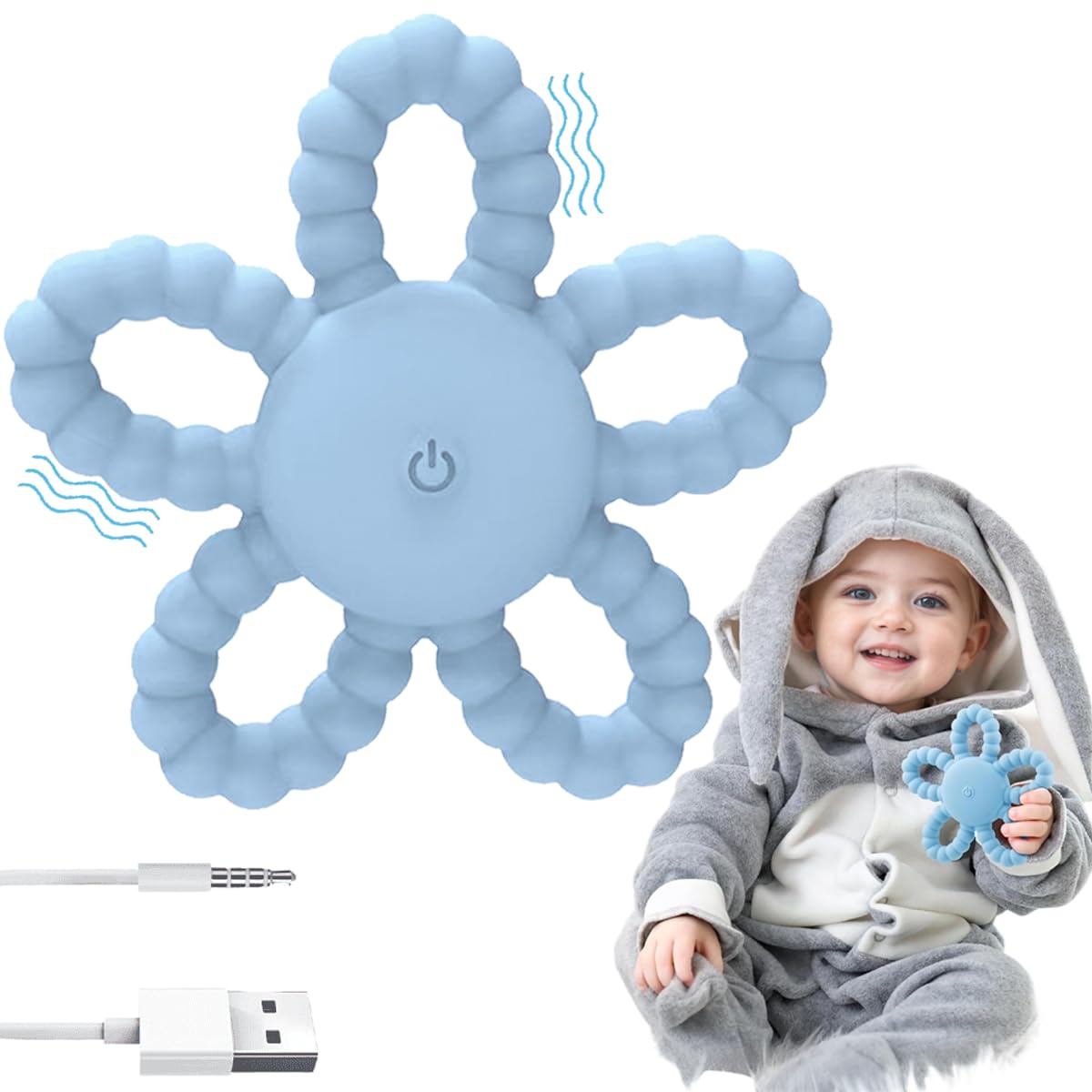 Vibrierender Silikon-Beiißring für Babys – Sensorisches Spielzeug zur Beruhigung des Zahnfleischs, Hilfe beim Zahnen & Unterstützung bei Autismus, ADHS und Angstzuständen (Blau)