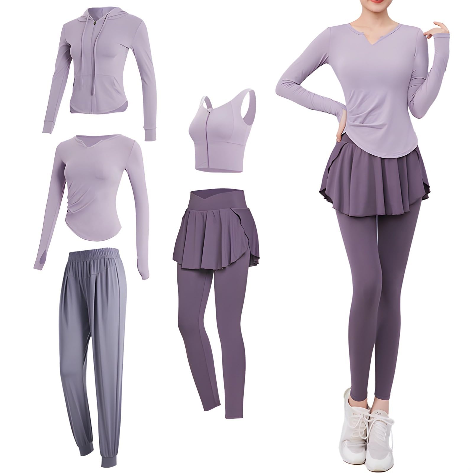 Womens 5-Piece Yoga Set Long-Sleeve Activewear With High-Waist Pants And Skirt Detail Moisture-Wicking And Breathable Ideal For Fitness