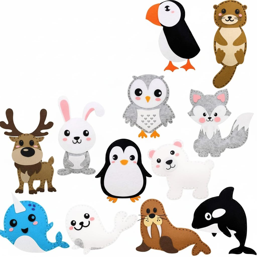 KASTWAVE Polar Animals Sewing Kit for Kids Make Your Own Winter Polar Animals Felt Plush Craft Kit Includes 14 Creative Projects to Sewing Beginners Fun DIY Educational Gift for Boys and Girls