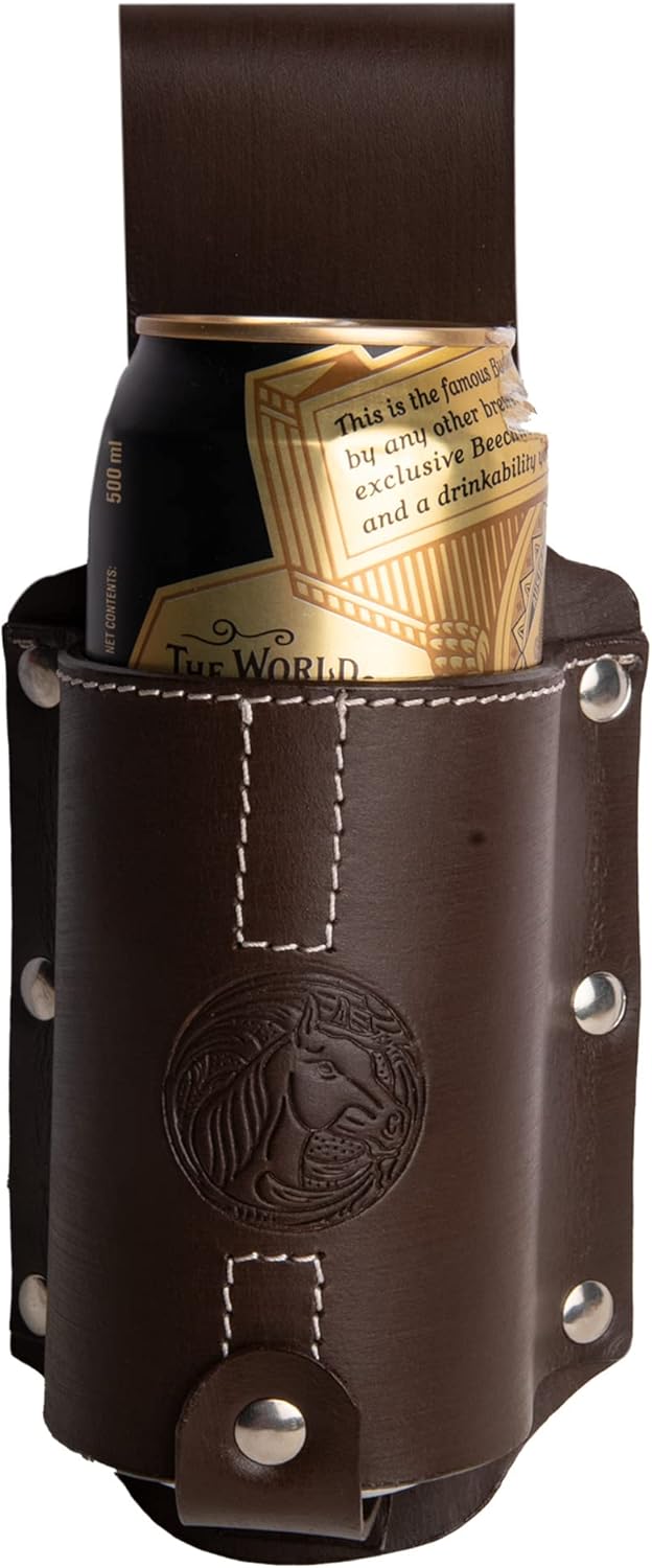 Hulara Full Grain Buff Leather Beer Holster Bottle Holder for Men Cowboy Travel/Outdoor Belt Buckle