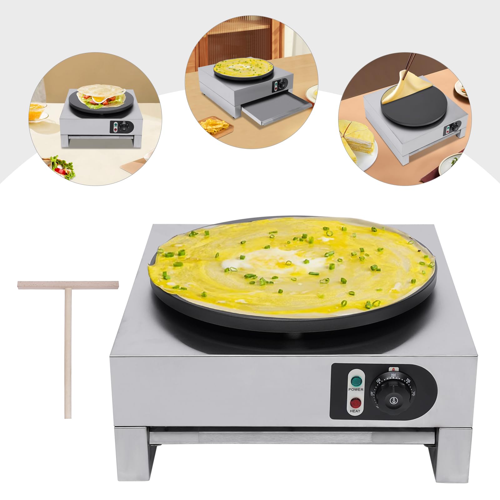 Crepera Electrica 3000W Máquina Comercial Para Hacer Crepes 50-300℃ Temperatura Ajustable Máquina de Crepé 40cm Bandeja con Indicadores Pies Antideslizantes Espátula de Madera