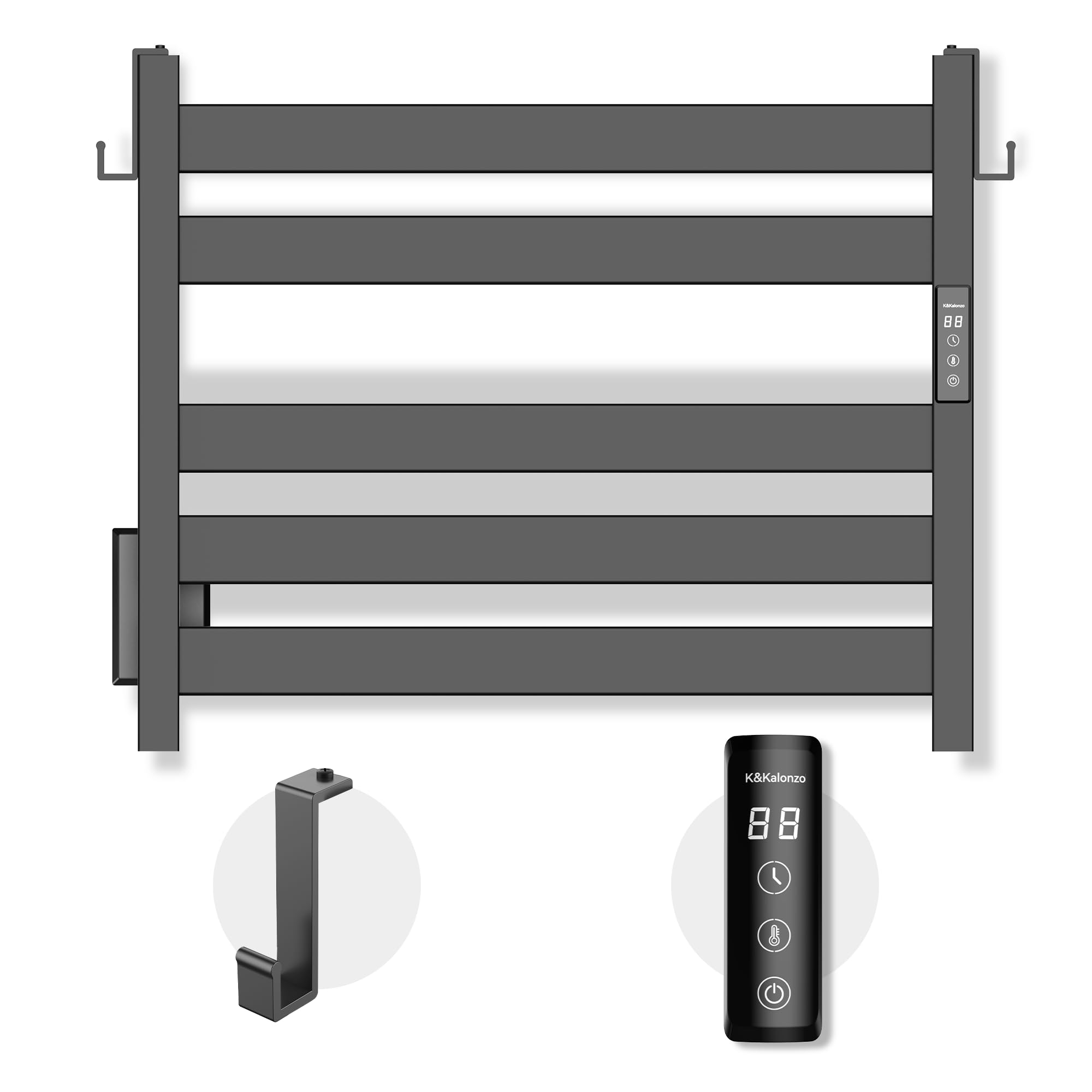 K&KALONZO Towel Warmer for Bathroom, Wall-Mounted 5-Bar Heated Towel Rack with Built-in Timer, Waterproof Electric Towel Heater, Support Plug-in and Hardwired, Matte Black, EL18S