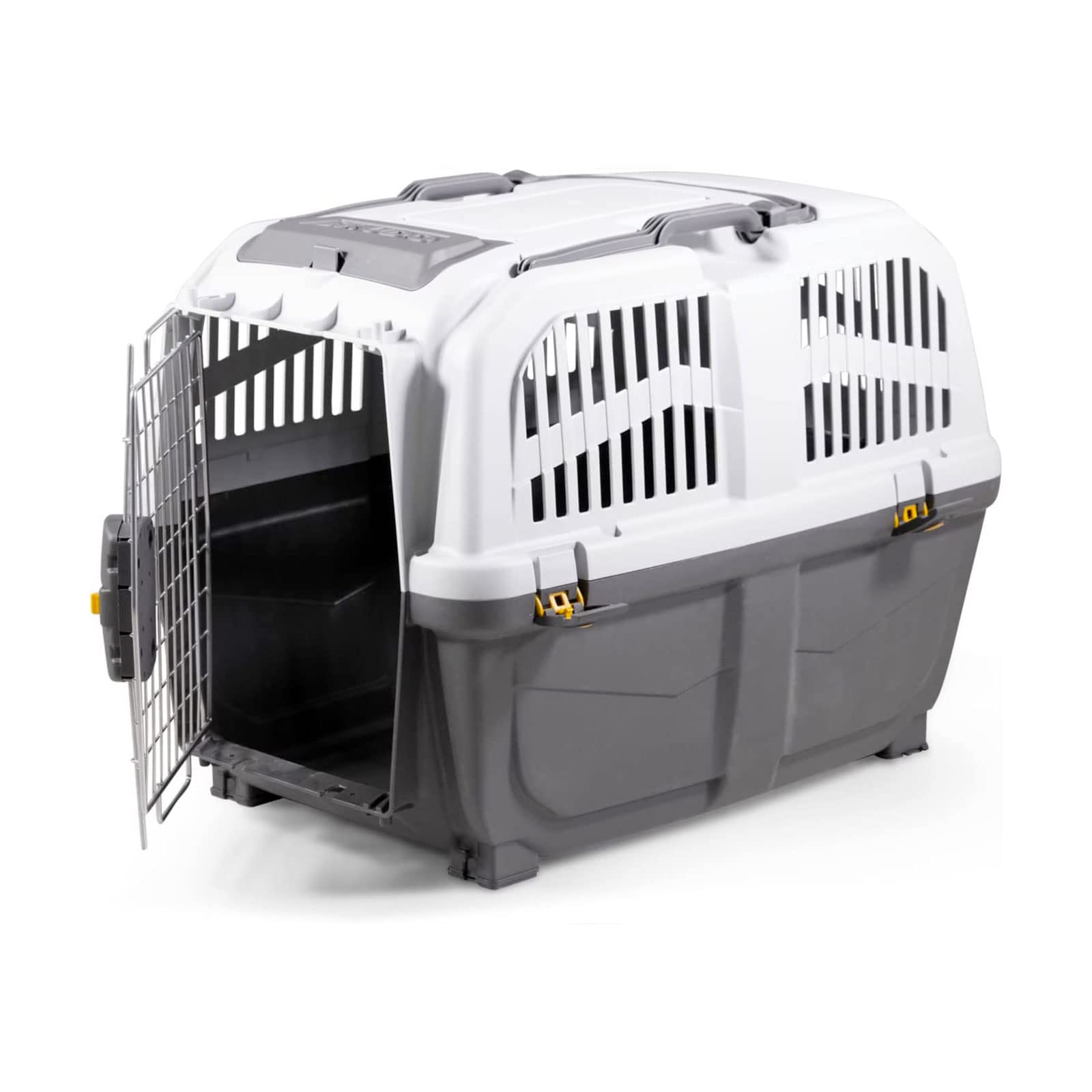 Mondo Viro - Transportín para perros y gatos de polipropileno con puerta de metal con cierre de seguridad de doble mando: cumple con las normas para el transporte aéreo en dos tamaños (grande 68 x 48