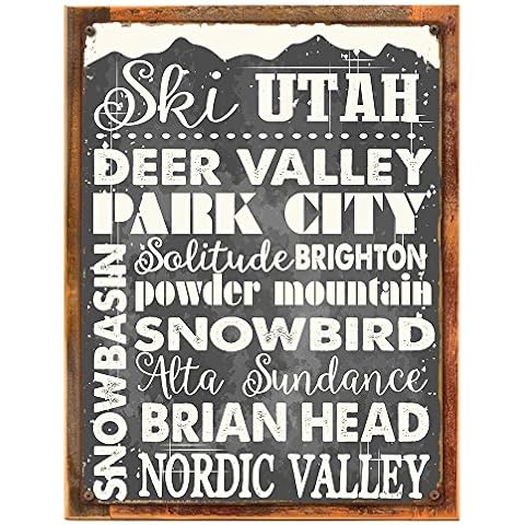 OMSC Wood-Framed Ski Utah Metal Sign, Sport, Winter, Mountain, Cabin, Lodge on Reclaimed, Rustic Wood Cover