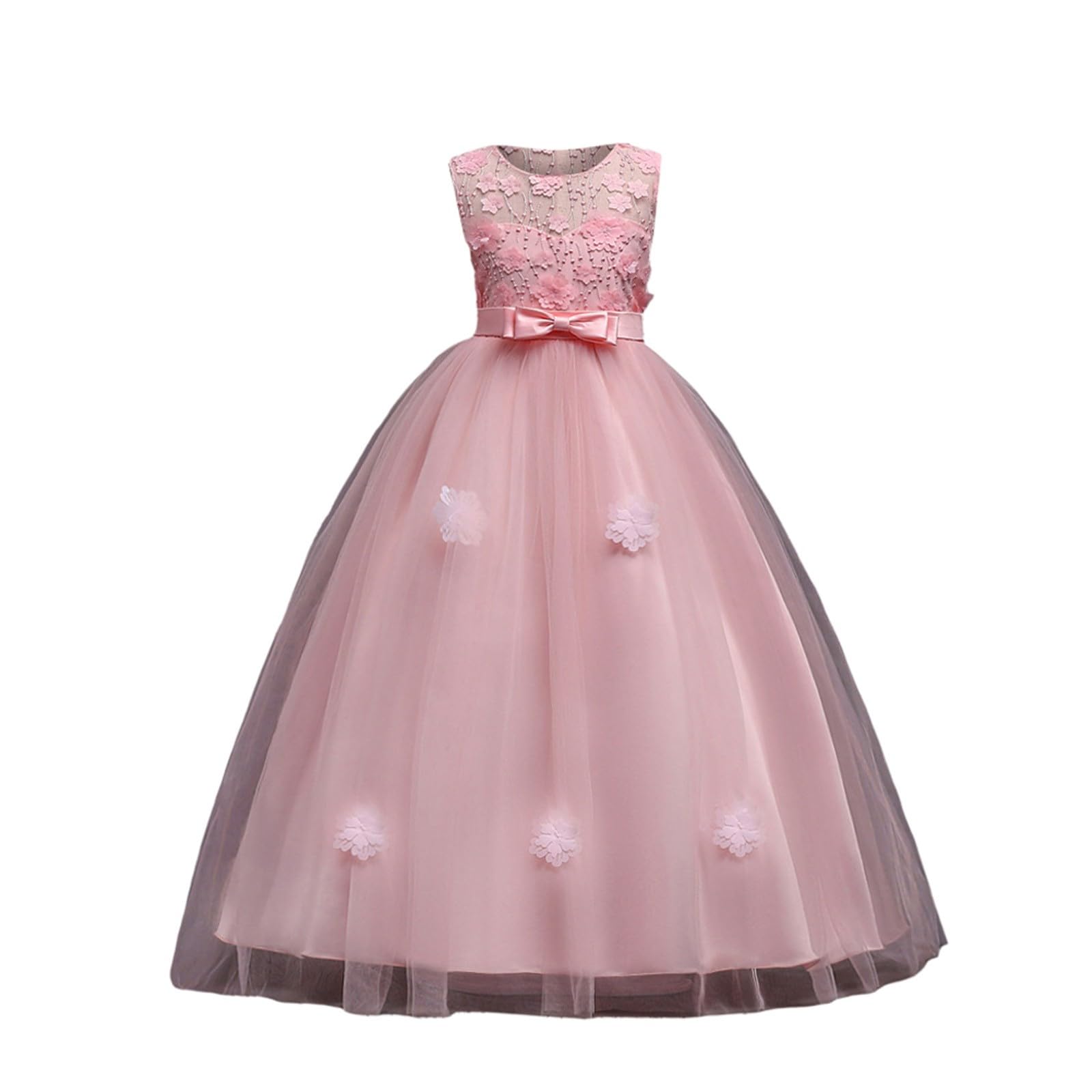 Abito da principessa in tulle, con fiori e fiori, per matrimonio, damigella d'onore, feste di compleanno, concorso, sera, formale, ballo di fine anno