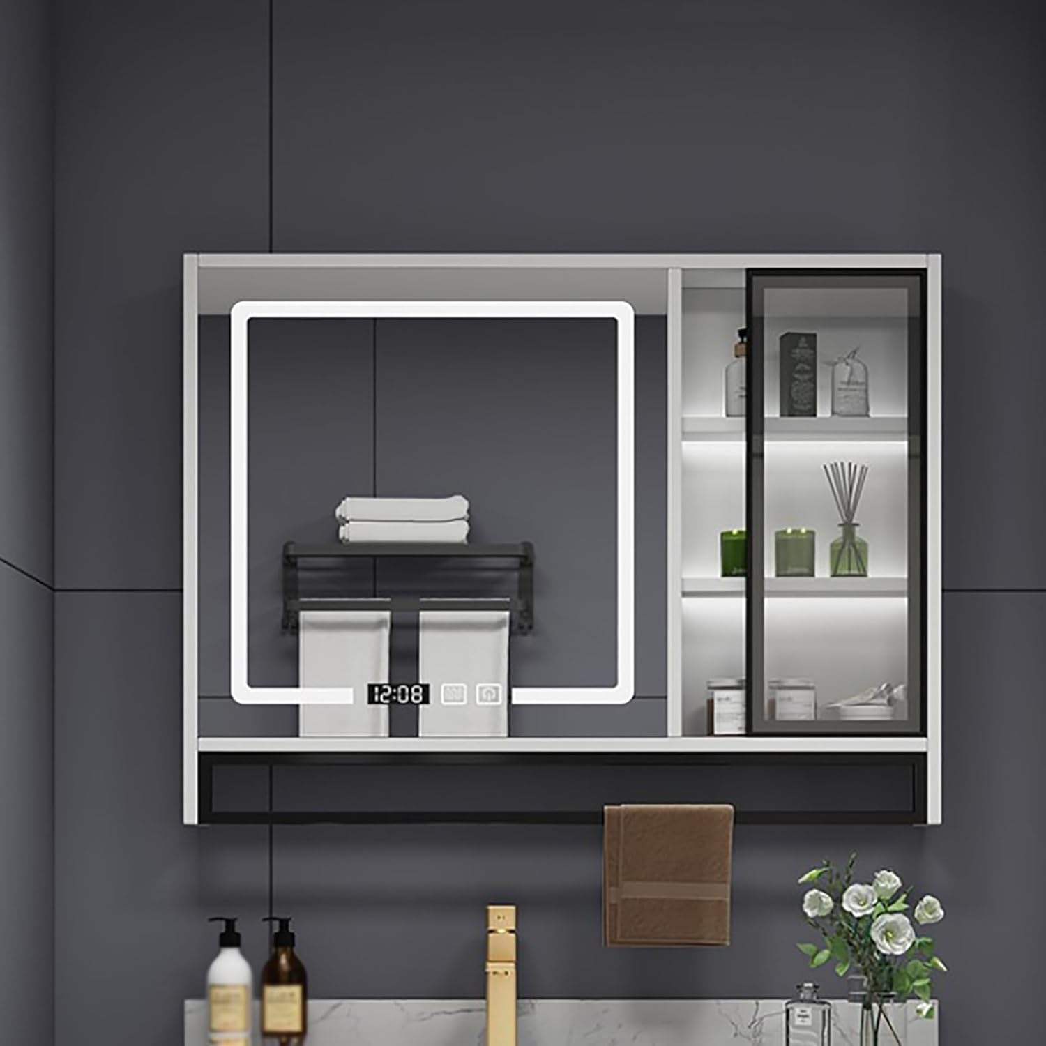 Modern Farmhouse Bathroom Medicine Cabinet with Vanity Mirror and Lights Wall Mounted Storage Cabinet with Open Compartment and Over The Toilet Space Saver White,White-70x12x75cm