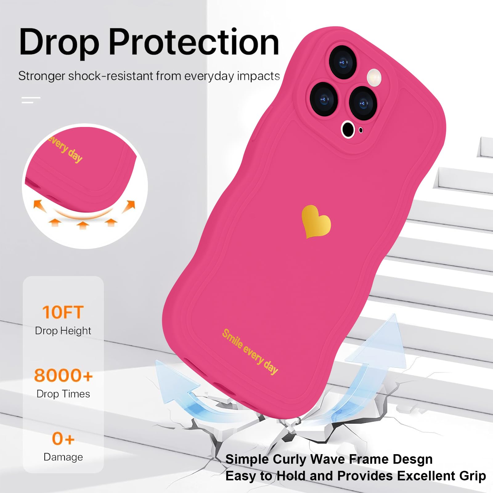 LAPOPNUT for iPhone 13 Pro Max Case,Cute Curly Wave Frame Love Heart Phone Case for Girls Women,Soft Silicone TPU Bumper Shockproof Camera Protective Cover for iPhone 13 Pro Max 6.7 inch,Hot Pink - Image 3