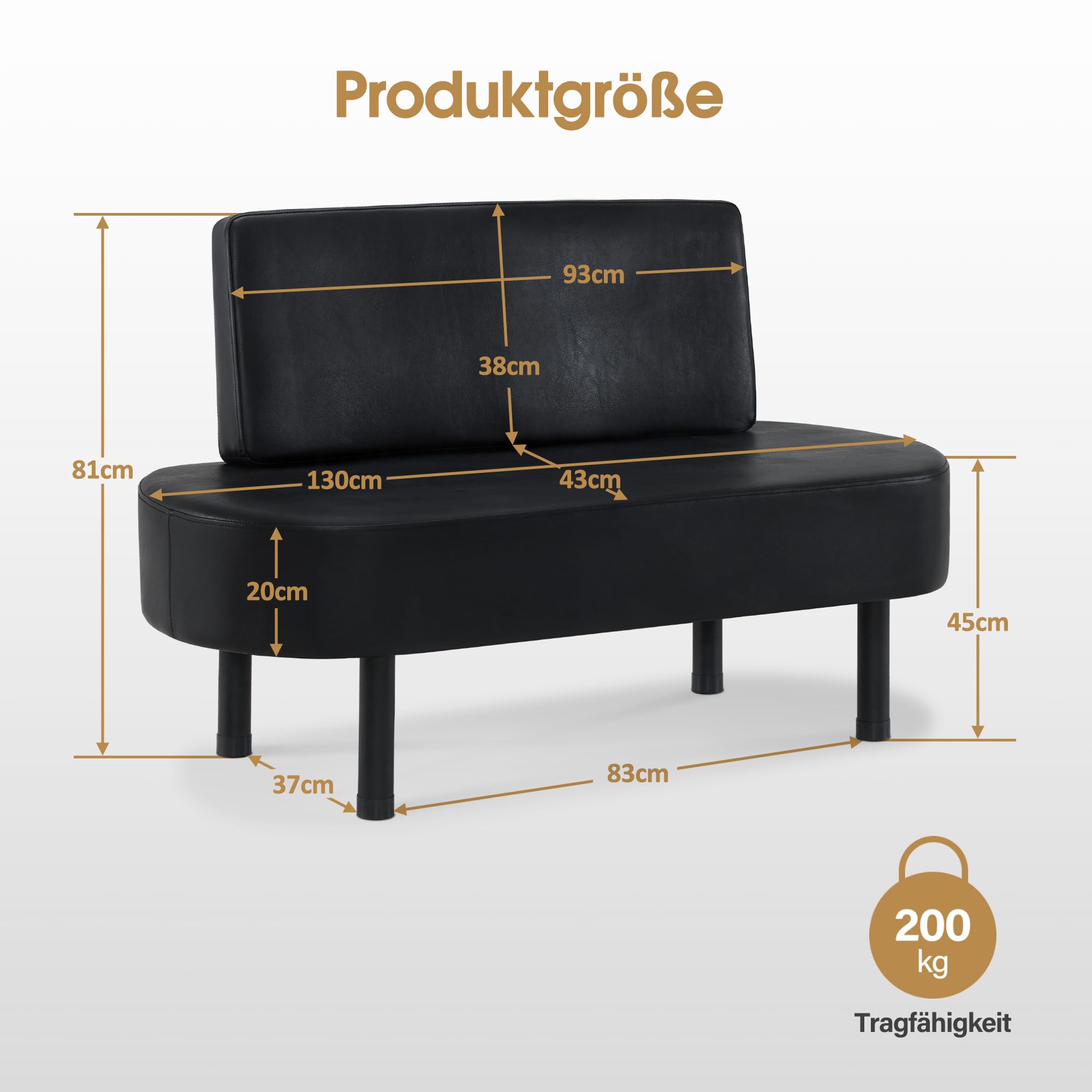 Barberpub con 3 posti e schienale, 130 cm, pancare per salone spa, imbottita con schienale, per soggiorno, arredamento per parrucchiere W517 (Nero/Finta Pelle)