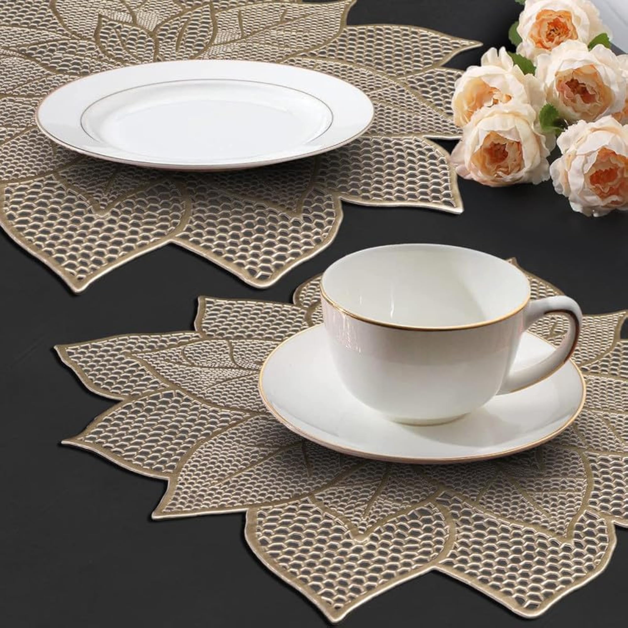 Gold Bordered Rectangular Dining Table Cover & Flower Cutwork Runner