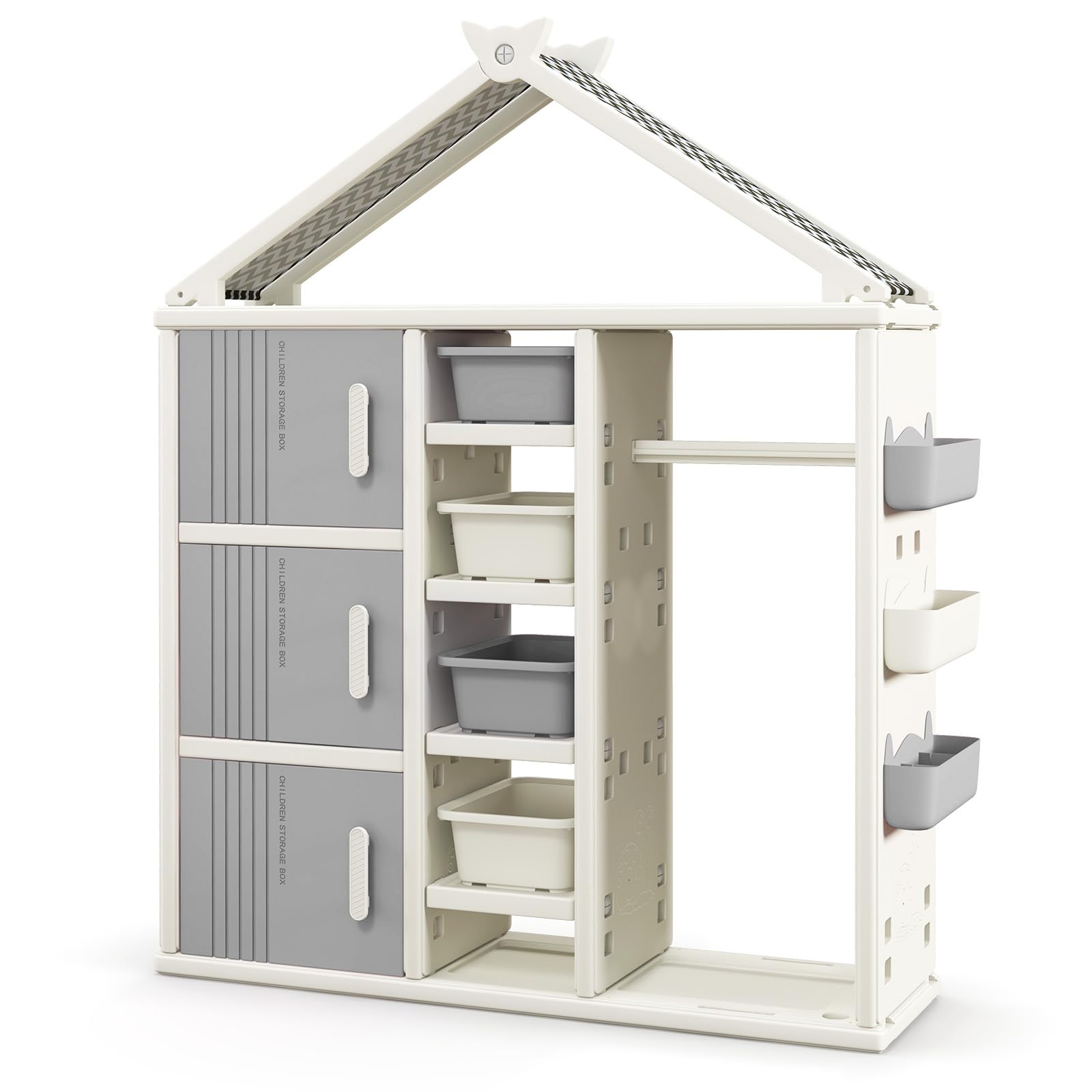 RELAX4LIFE Armadio Guardaroba Bambini 34x130x156 cm Grigio con Barra Appendiabiti 4 Scatole 3 Scomparti