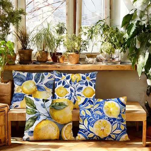 Image of Boho Summer Lemon Coastal Pillow Cover 18x18 Set of 4,Cottagecore Lemon Home Decor,Blue and Yellow Italian Botanical Fruit Decorative Lumber Throw Pillow Cover for Home Bedroom Living Room
