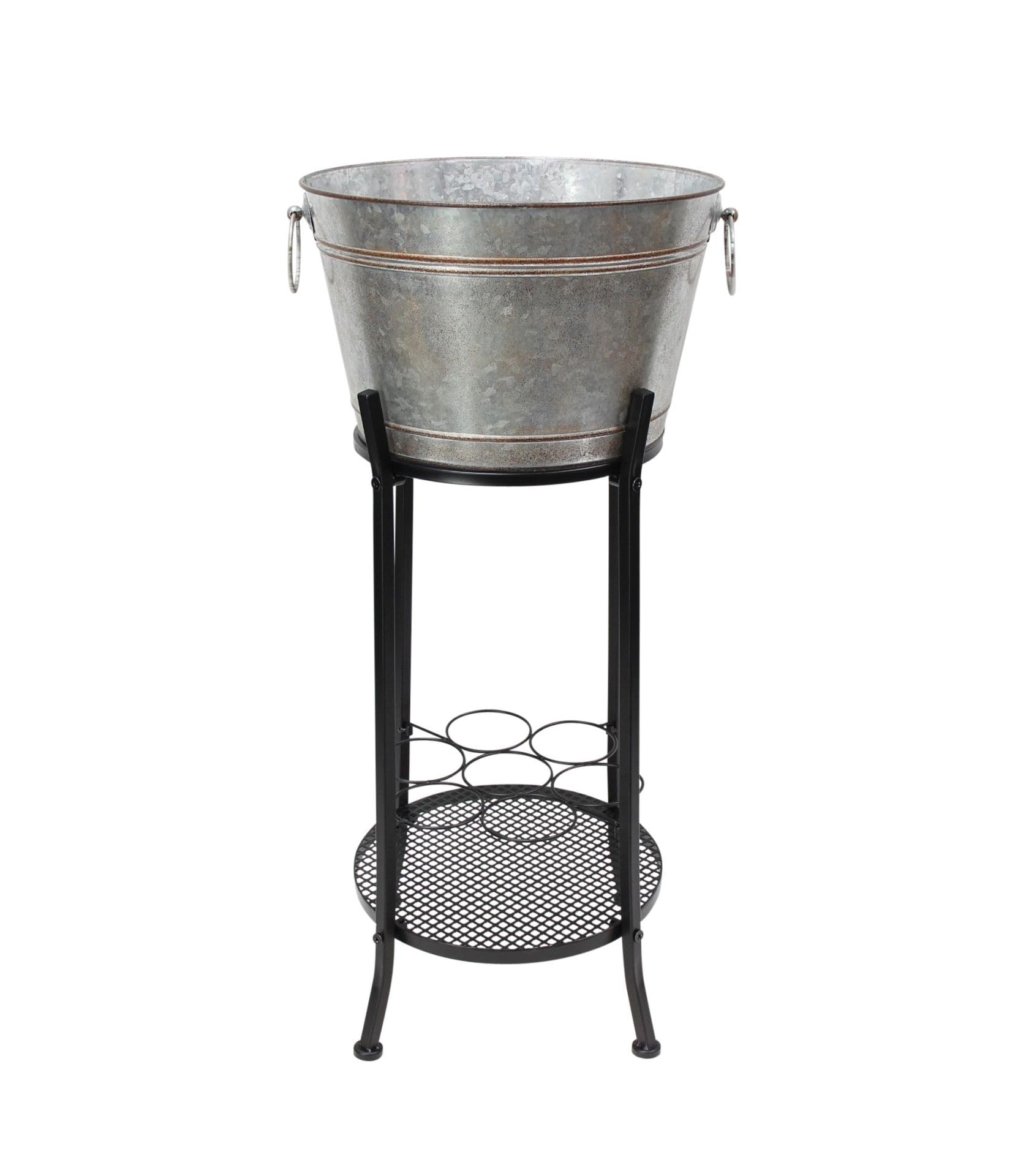 FRANK FLECHTWAREN Getränkeständer Cool Drinks, 2tlg., Metallgestell Mattschwarz, Halterung für 7 Flaschen, Metallwanne Maße: Wanne Ø 45 x 26 cm, Gestell 38 x 72 cm, GH 90 cm, einfache Selbstmontage