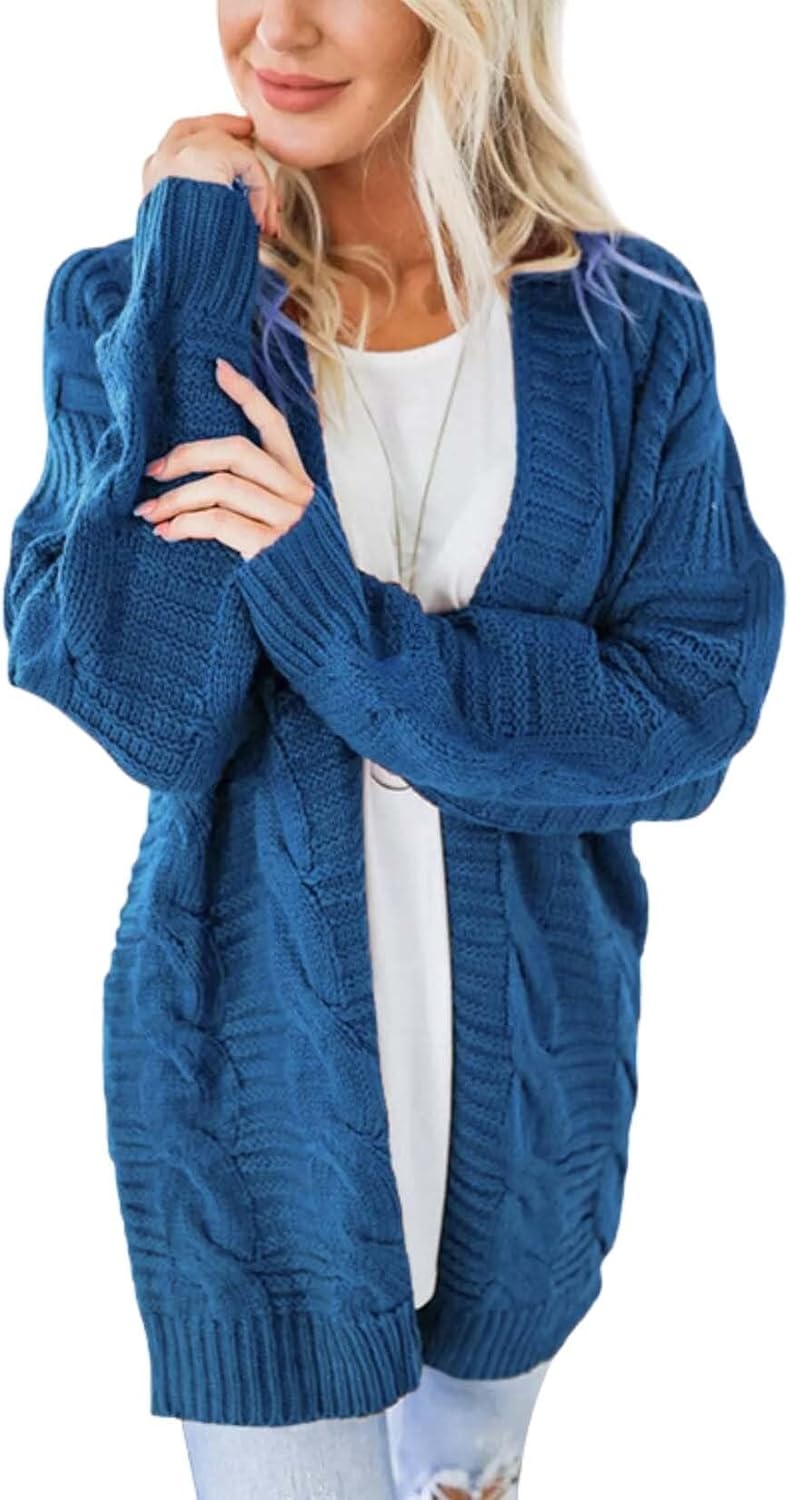 Long Sleeve Cable Knit Womens Cardigan Oversized Long Sweater Loose Casual Solid Color Mid Length Chunky Style