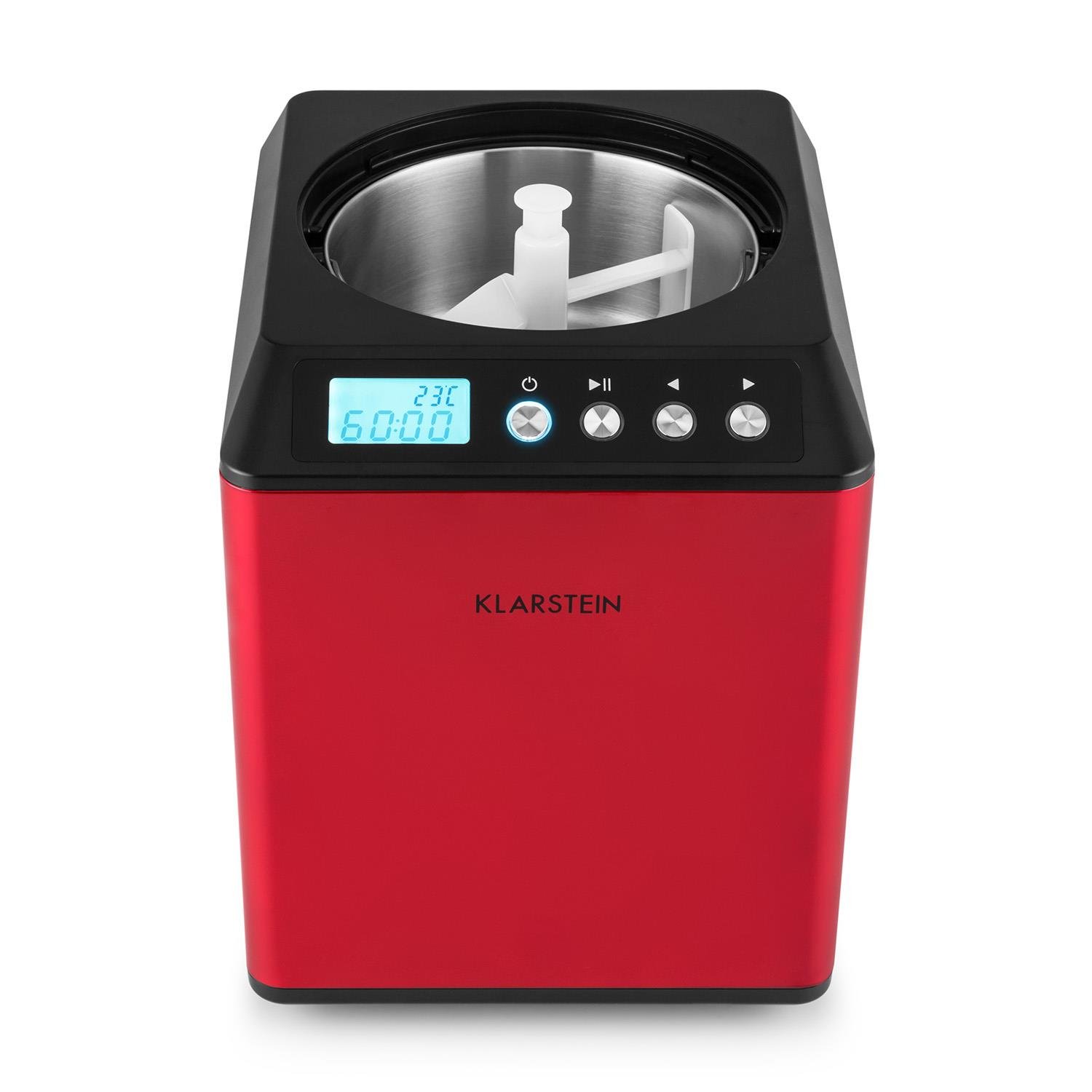 Klarstein Vanilla Sky - Macchina per Gelato, Funzione di Raffreddamento, Timer, 3-4 min, Display LED, Facile da Pulire, Acciaio Inox, Cucchiaio, 18 Watt, Capacità: 2 Litri, Rosso