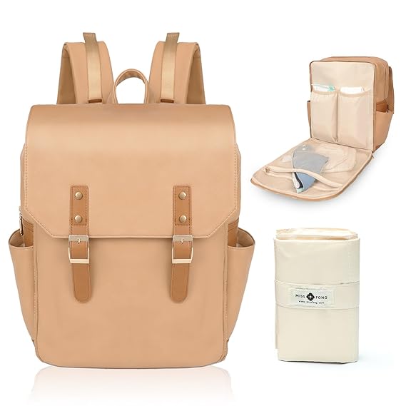 Leather Diaper Bag Backpack by miss fong, Travel Backpack Bookbag Maternity Bag with Chaning Pad, Fit in 14/15.6 Inch Computer Business Backpacks for Women Men(Brown)