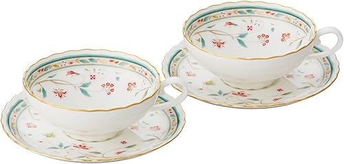 Noritake P58043A4409 - Taza de té y platillo (juego de pares) 6.1 onzas líquidas (180 cc) con cincel de flores para 2 invitados, porcelana de hueso