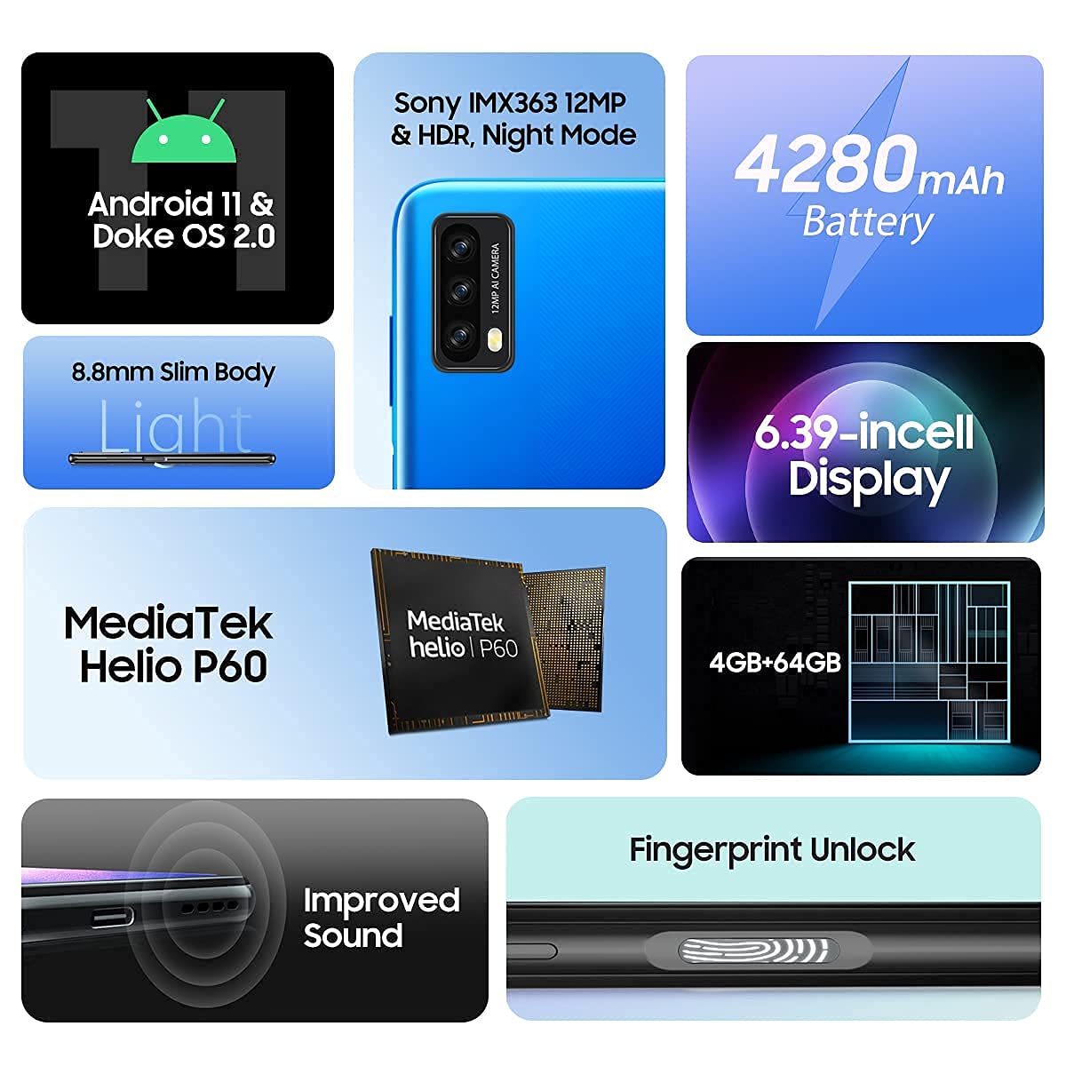 Blackview Android 11 Smartphone A90 Téléphone Portable Pas Cher MediaTek Octa-Core Processor. 4GB RAM + 64GB ROM. 6.39" incell Display. Téléphone Portable avec Appareil Photo 8MP+12MP Poupre