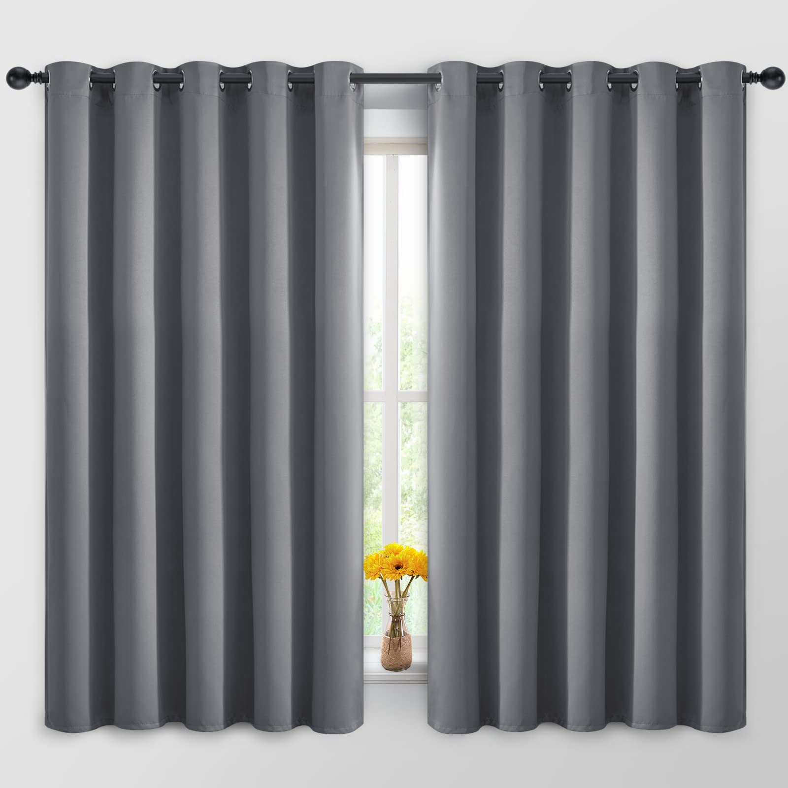 Yakamok Blackout Curtains Room Darkening Thermal Insulated Window Panels,Solid Grommet Top Drapes for Bedroom/Living Room(62Wx63L, Grey, 2 Panels)