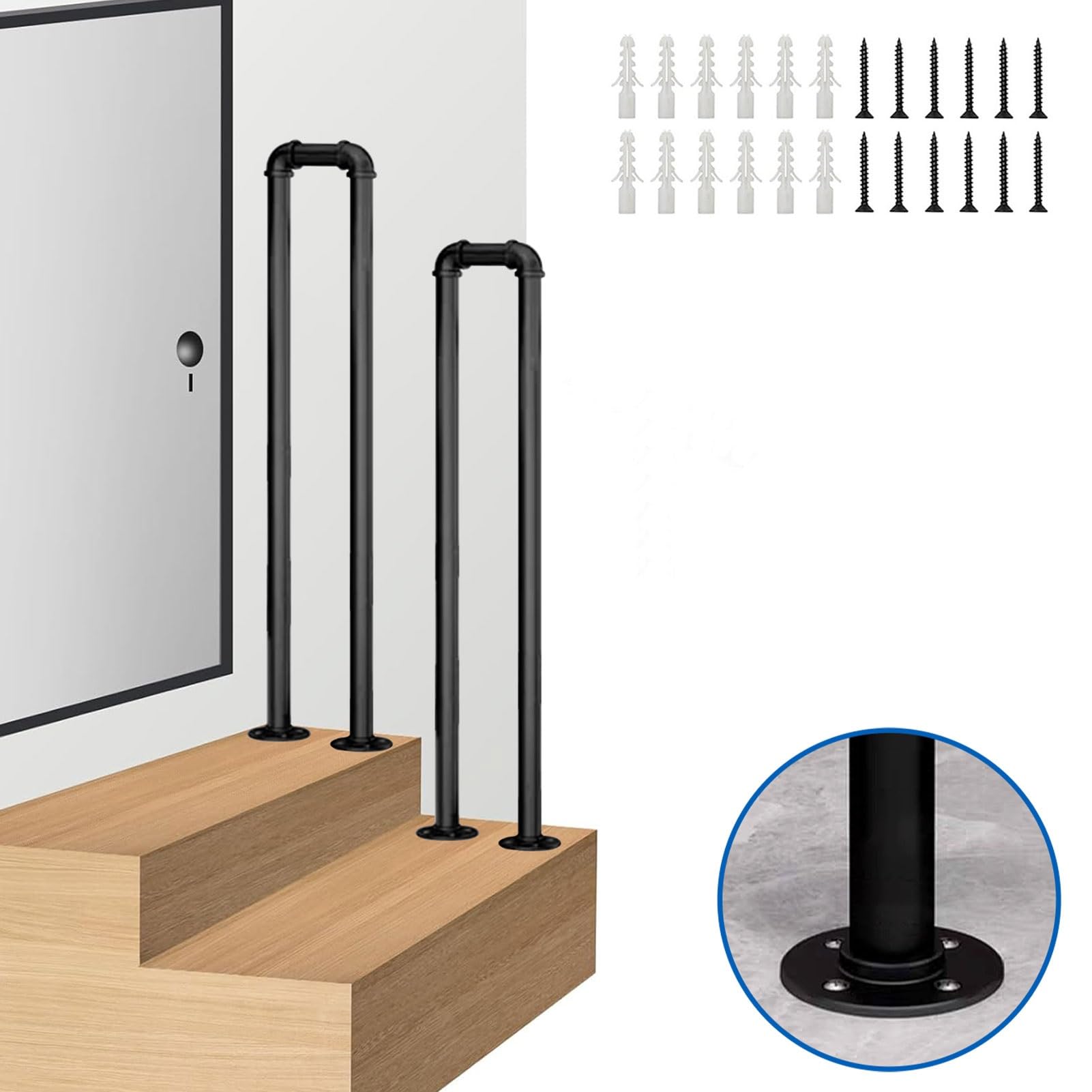 LWJSOCP Safety Handrail for Indoor and Outdoor Steps Floor Standing Mount U Shaped Round Tube Grab Bar Transitional Handrail Picket with Installation Kit Black (2.8ft/85cm)