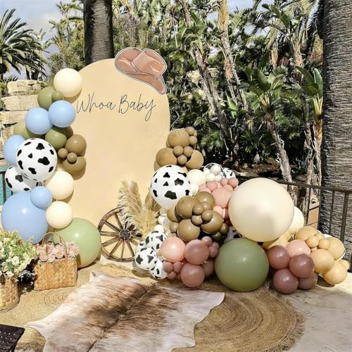 Image of Cow Print Balloons, 12 Inch Farm Animal Retro Dusty Blue Green Beige Black Sand White Nude Cow Latex Balloons for kid Cowboy My First Cowgirl Rodeo Baby Shower Farm Western Birthday Party Decorations