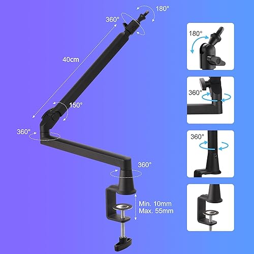 Miniatura 3 de Brazo de micrófono de perfil bajo de 5.9 in extra elevador, brazo de brazo de micrófono ajustable, soporte de micrófono montado en el escritorio de