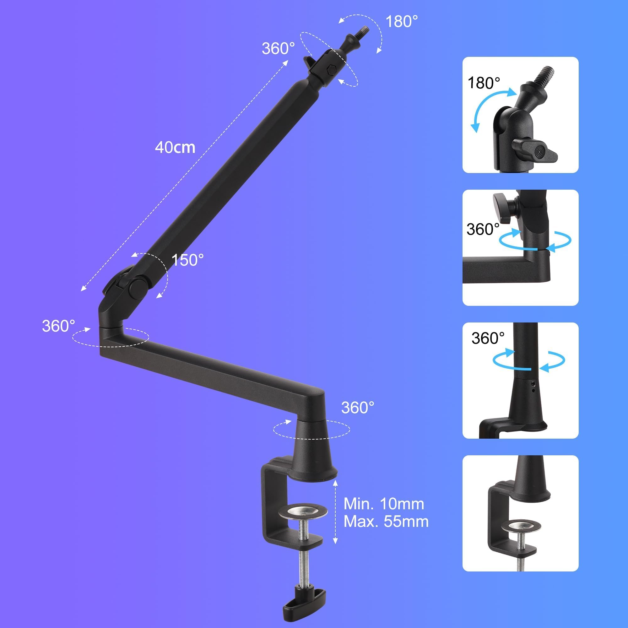 Brazo de micrófono de perfil bajo, soporte de micrófono ajustable de metal sólido montado en el escritorio, brazo de brazo de gestión de cables, soporte flexible para micrófono de escritorio