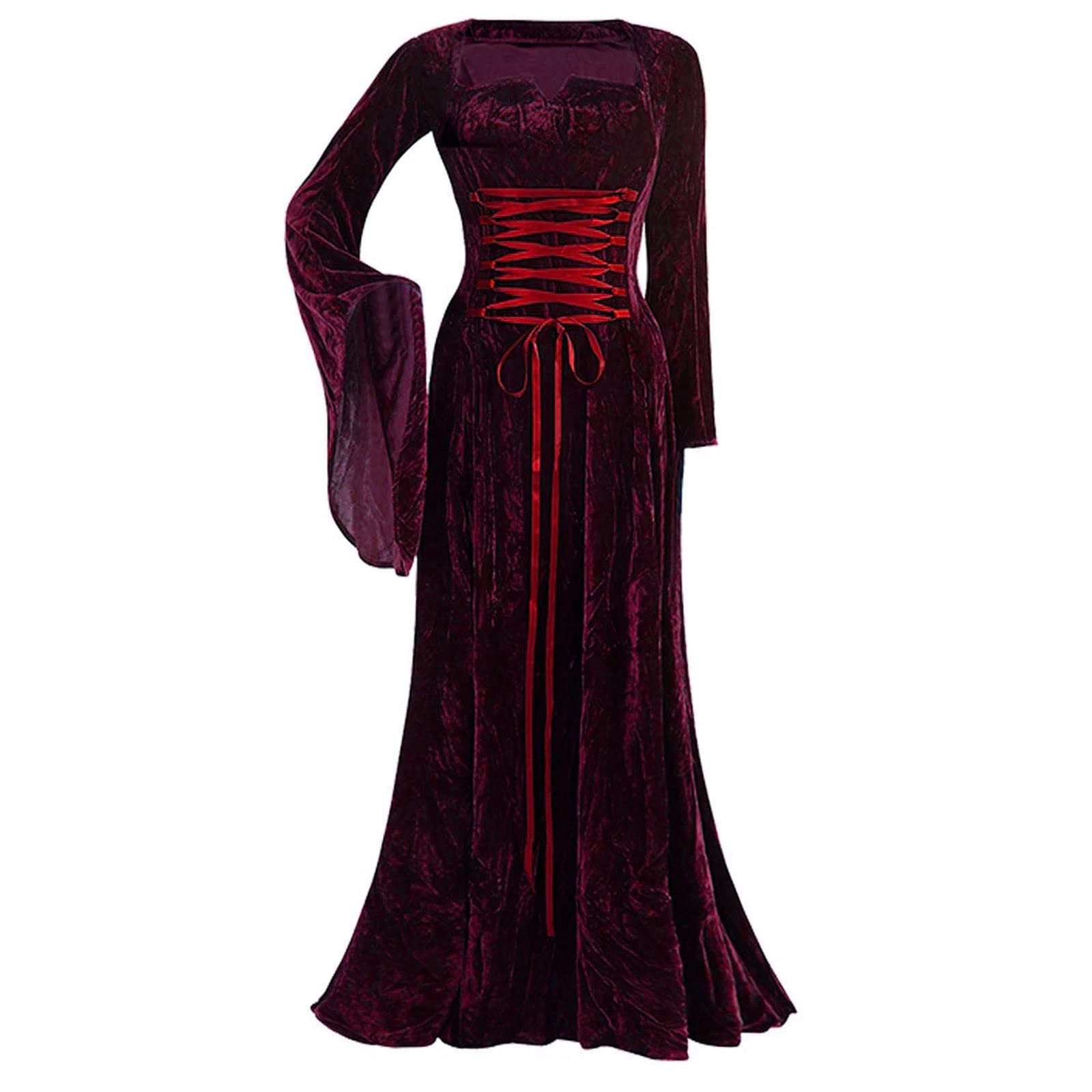 Renaissance Kleid Damen Mittelalter Kleid Maxi Mittelalter Kostüme Damen | Glockenärmel Gothic Kleidung ,Halloween Kostüm, Piratenkostüm, Hexen Outfit, Festival Outfit, für Karneval Halloween Party