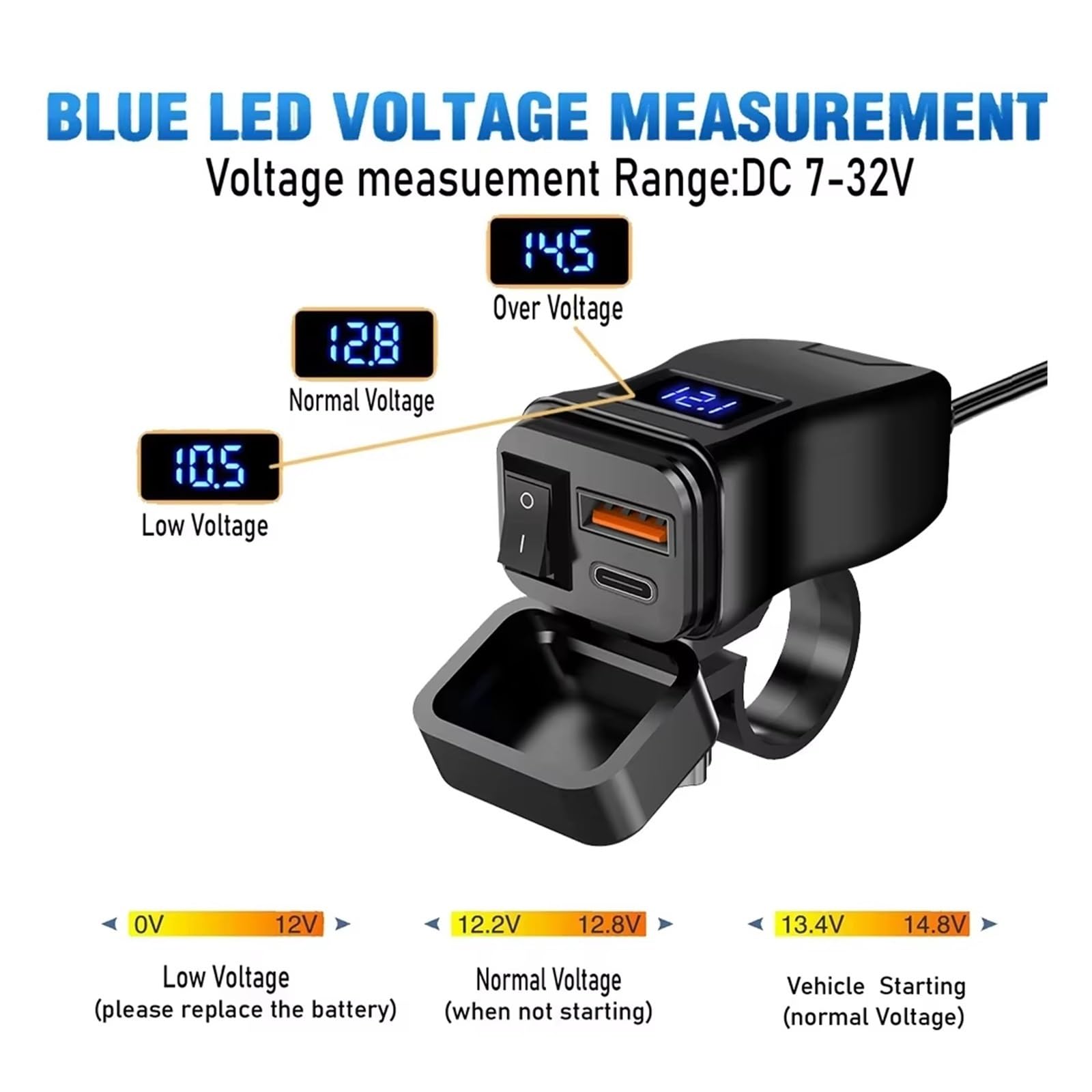 Navigation GPS PD QC3.0 Chargeur USB Rapide pour Moto Guidon 60W Double Prise avec Interrupteur Voltmètre Adaptateur d'alimentation Étanche 12V(QC3.0 Voltmeter)