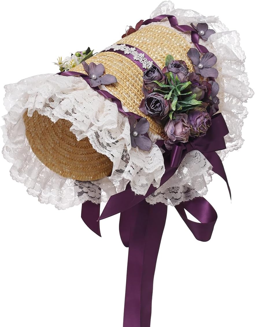 Girls Women Victorian Tea Party Sun Hat Bows Flowers Straw Hats (Q) - Image 2