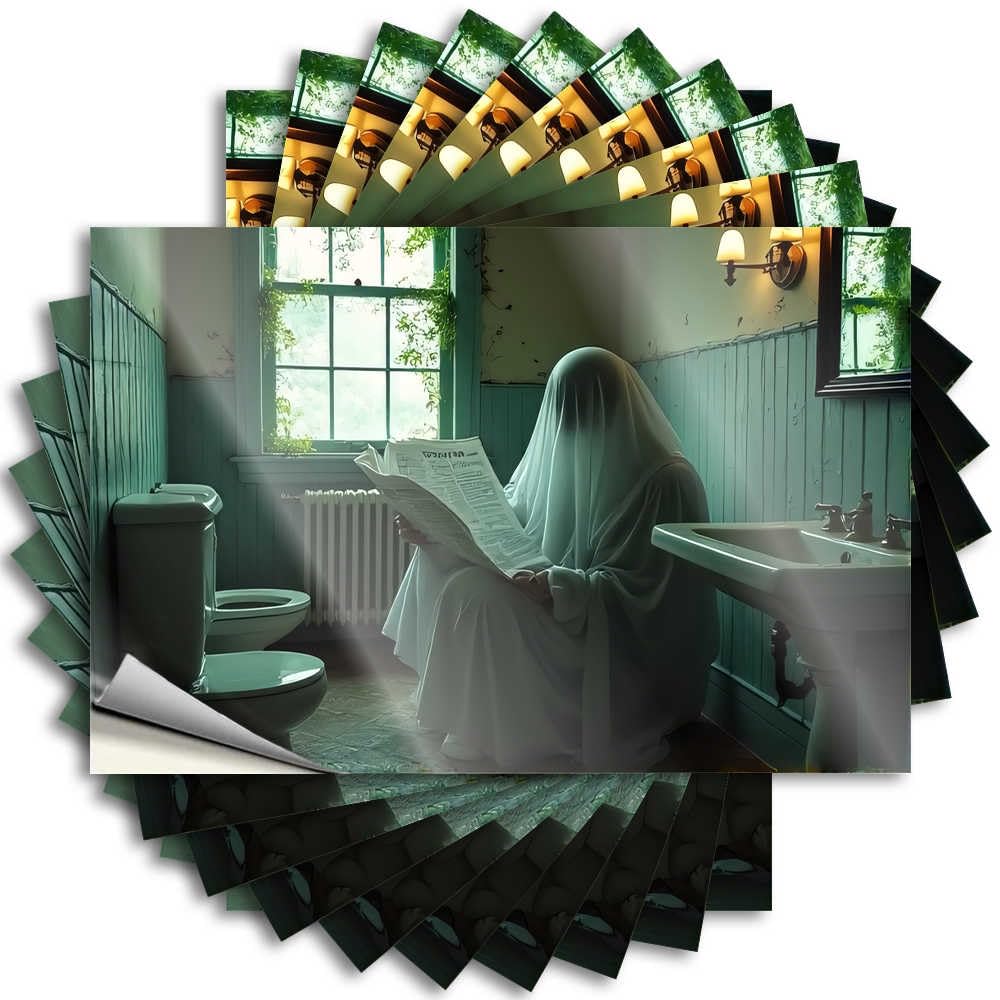 Accessories Cover Funny Sticker | Ghost Reading Newspaper in Haunted Bathroom Bookish for Interior Decor(6X9CM)