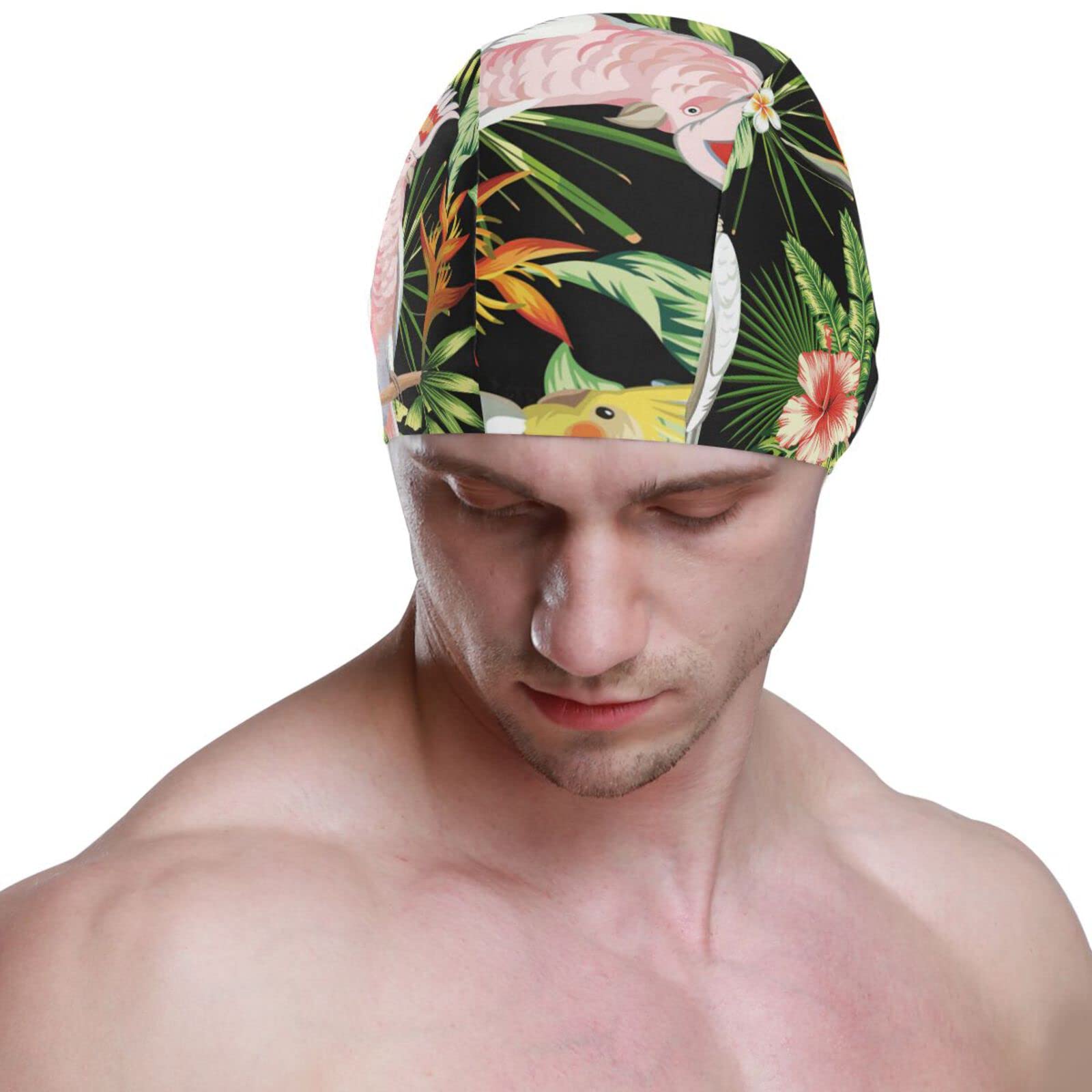 Hupery Macaw Tropical Plants Swim Cap Easy Put On/Off Swimming Caps Long Hair Short Hair Swim Caps for Adult Youth Women Men
