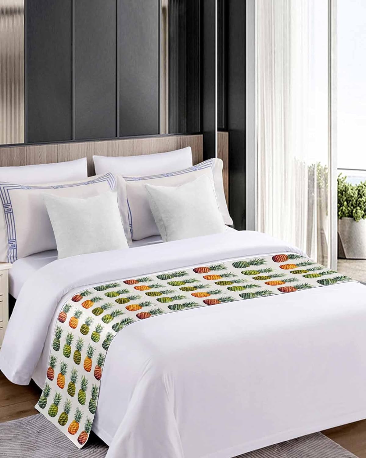 Yukro Gradient Bed Runner Scarf, Pink Green Pineapple Gradient Watercolor Fruit Summer Twin Bed Scarf Runner, No Fading Decorative Bedding Scarf for Bedroom Hotels Homes and Guestrooms