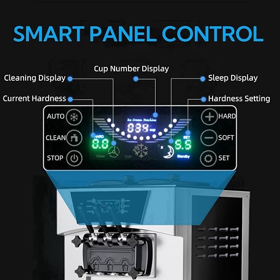 Commercial Soft Serve Ice Cream Maker Machine 2200W - 5.8 to 8 Gal/Hr High Output with LCD Display & Auto Clean Function, Pre-Cooling System for Restaurants, Snack Shops, Cafes