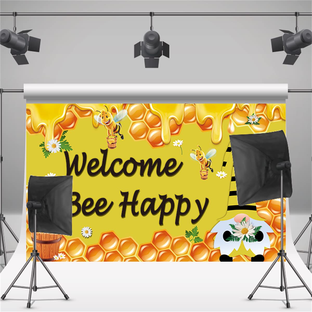 Welcome Bee Happy Banner – 11,8x180 Cm, Bienen-Design, Mit Stange & Seil, Für Haustür, Garten, Party