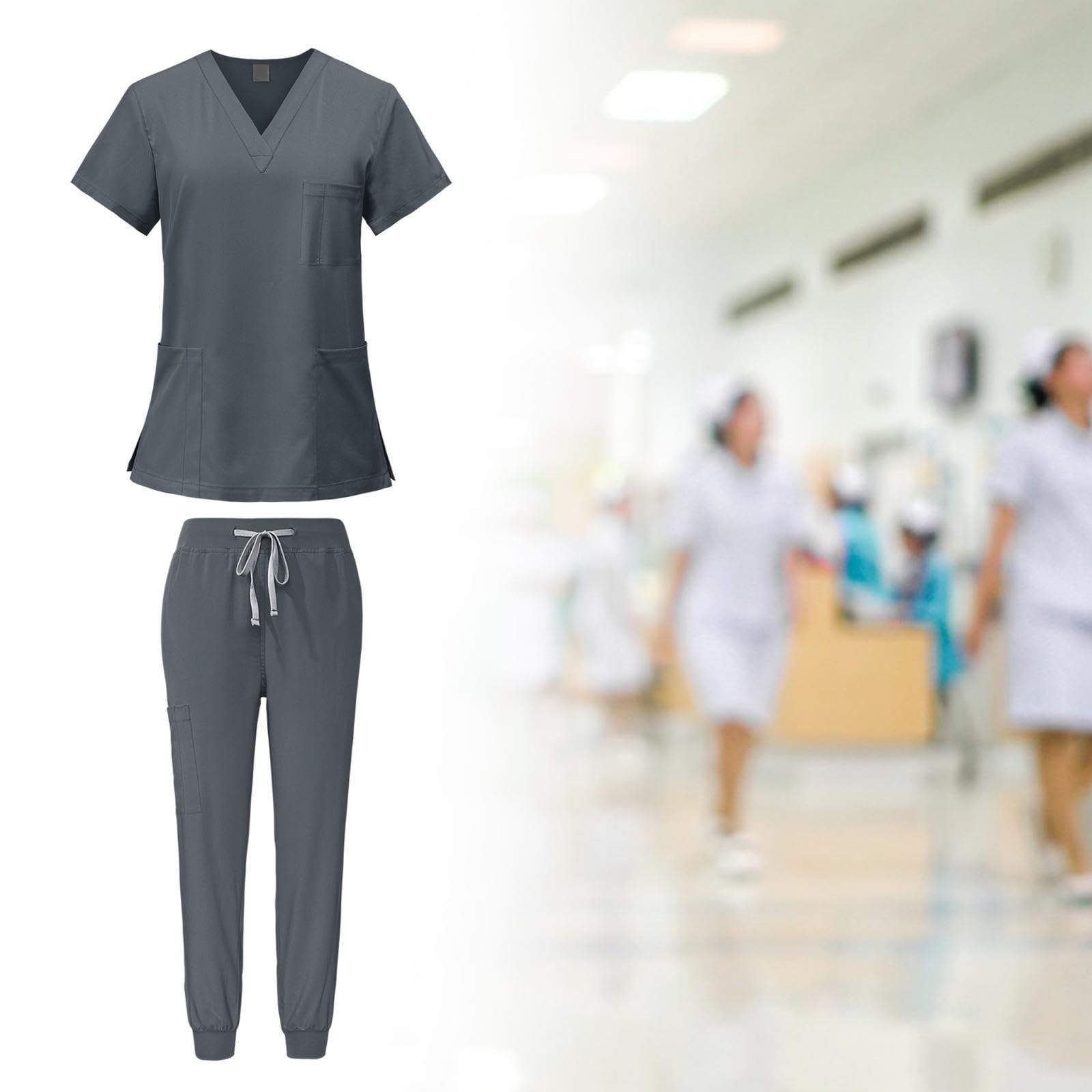LOVIVER Female Scrub Set Nurse Workwear V Neckline Professional Machine Washable Top and Joggers Pant Work Clothing for Beauty Center, Gray, M